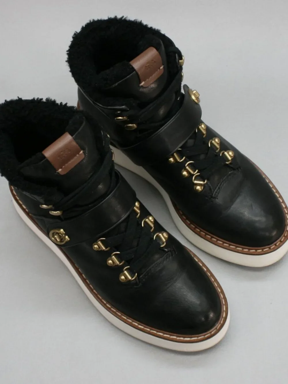 Coach Ladies 7.5 Urban Hiker Platform Black Leather Turn Lock Wedge Ankle Boots - Picture 6 of 12